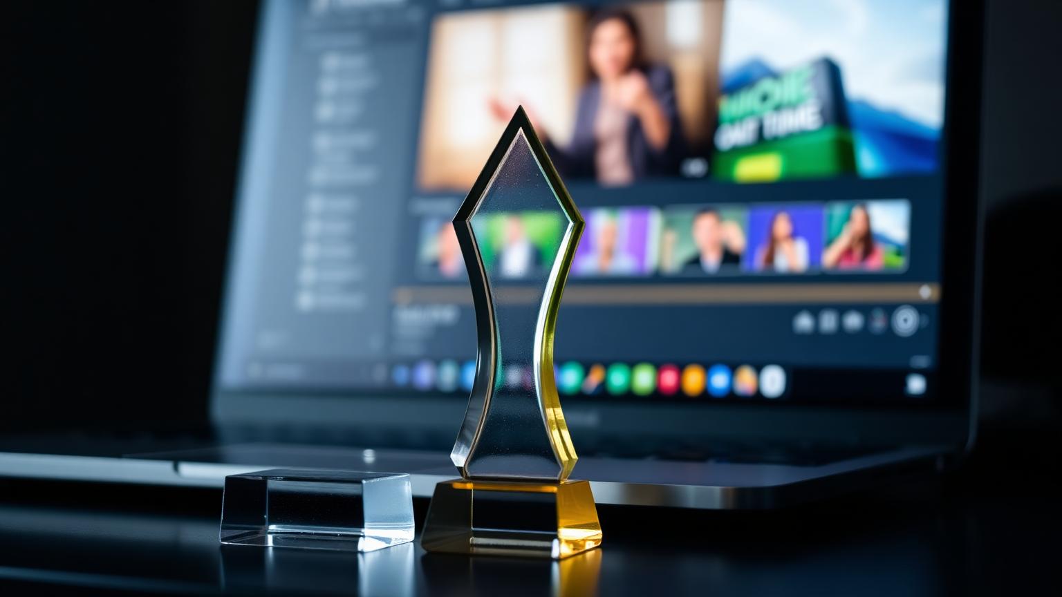 Trophy next to a video editing timeline