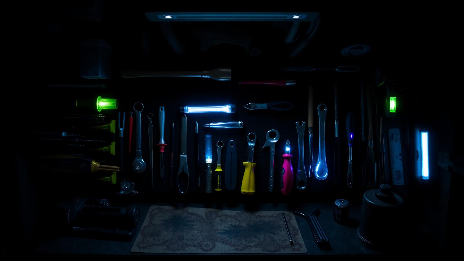 Workbench of glowing tools